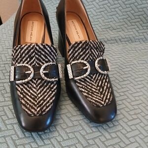 ANTONIO MELANI Black and White Loafers with Buckle Detail